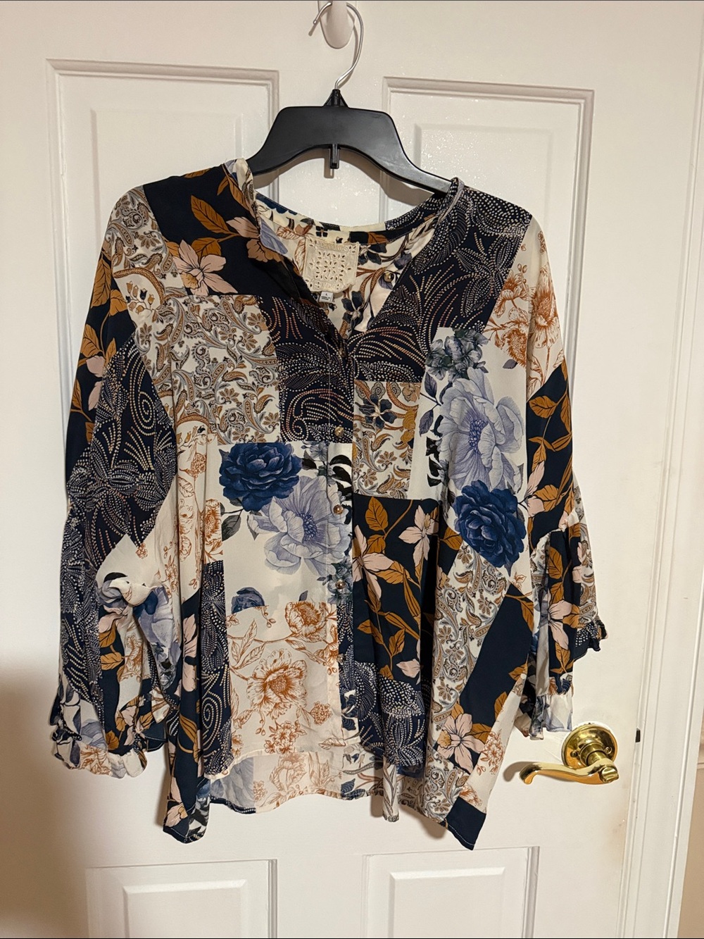 Johnny Was Boho Patchwork Floral V-Neck Blouse - Blue & Cream